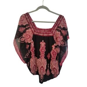 Whimsigoth S Y2K Black Dark Red Goth Batwing Blouse Artsy Witchy Boho Dark Fairy